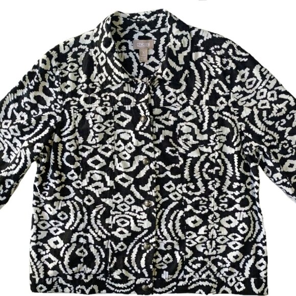 Chico's Jacket size 3 -XL 16-18 Linen w Bold Geometric Print Black White Chicos - Picture 1 of 10